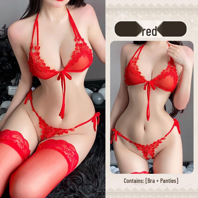 Dreiteiliges Spitzen-Dessous-Set: Verlockendes Schrittfreies Design für Kleine Brüste