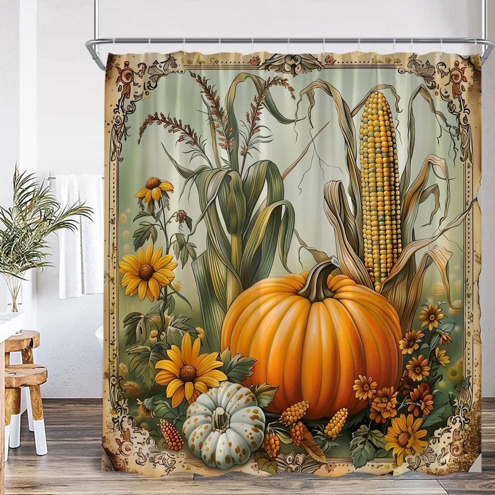 Autumn Harvest Season Shower Curtain Pumpkin Sunflower Corn Squirrel Fall Country Bathroom Decor Orange Polyester Bath Curtain