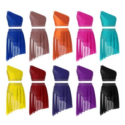 Costume da Danza Lirica Scintillante da Ragazza Top Corto Monospalla in Rete Velata con Strass Arricciato e Mutandina con Gonnellino Set da Esibizione