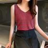 Dams sexiga enfärgade glänsande linne stickad V-ringning sommar smal passform väst