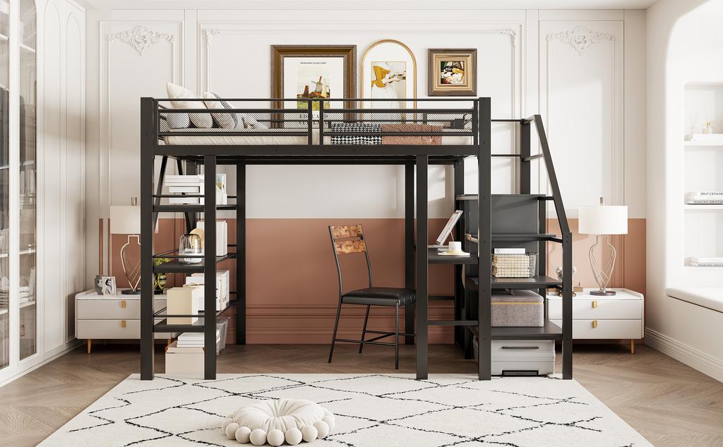 Hochbett 140*200cm, Dreistufiges Lagerregal, Schreibtisch, Kleiderschrank, Sicherheitsleiter mit Stauraum, Hohes Geländerdesign, Eisenbett, Einzelbett, Schwarz