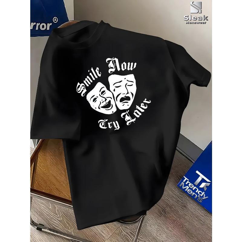 European Size Combining with a Street Dark Vibe, The "Smile Now Cry Later" Lettered Short-Sleeve T-Shirt Featuring a Dramatic Mask Print