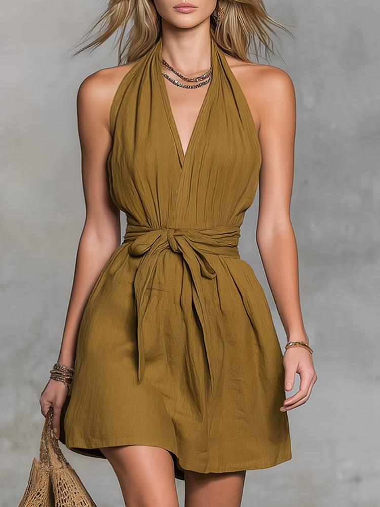 Women s Sleeveless V-Neck Belted Waist Solid Color Dress XS