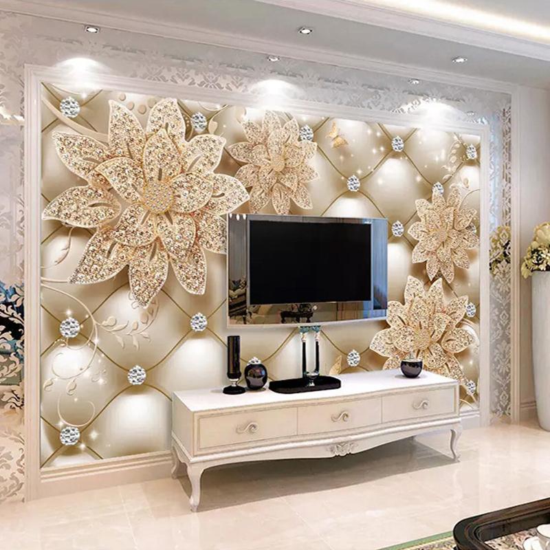 European Style 3d Wallpaper Flower Diamond Jewelry Mural Living Room Sofa Tv Background Wallpaper Home Decor