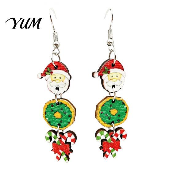 Christmas Fashion Jewelry 1 Pair Wooden Dangle Drop Earrings for Women, Cute Santa Holiday Wood Gingerbread Candy Cane Earrings, Vintage Winter Party