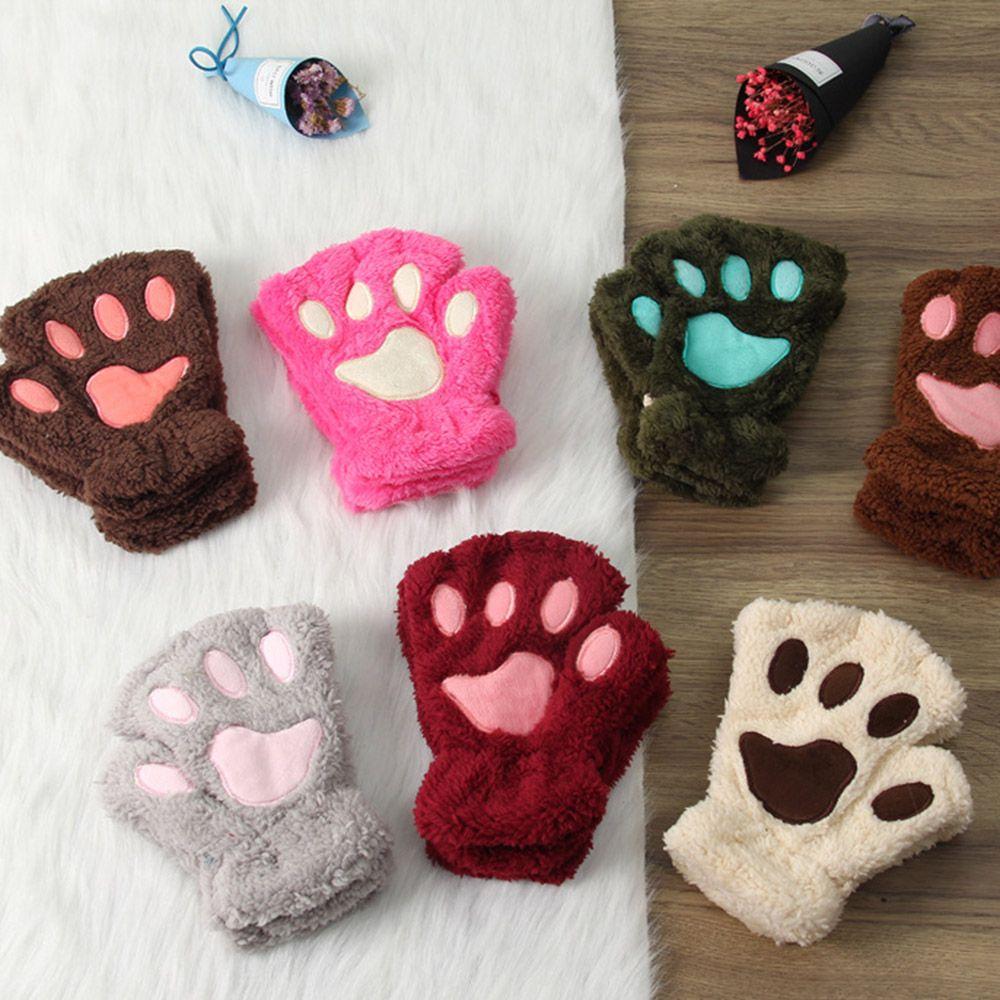 14Colors Women Warm Lovely Winter Gloves Plush Fingerless Bear Cat Paw
