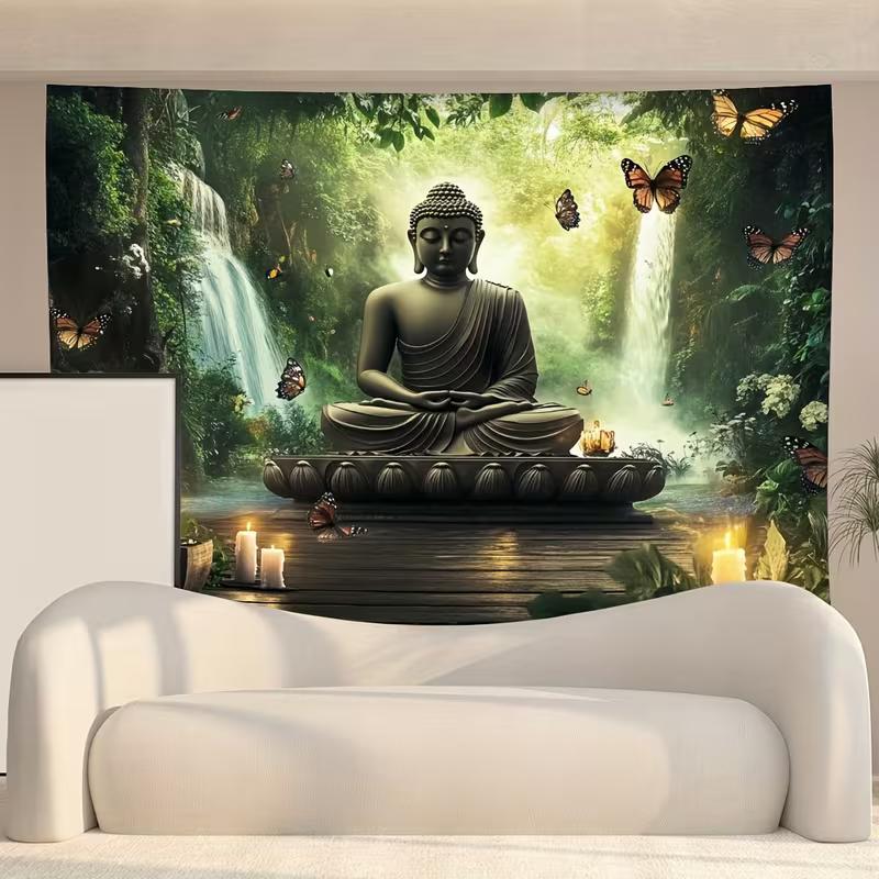Colgante de pared con paisaje de cascada en bosque de Buda místico 2D, Tapiz de fondo estético para sala de yoga espiritual