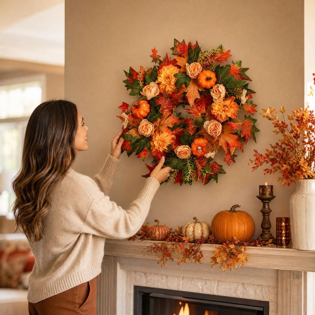 Artificial and Pumpkin Wreath for Thanksgiving Fall Door Decoration