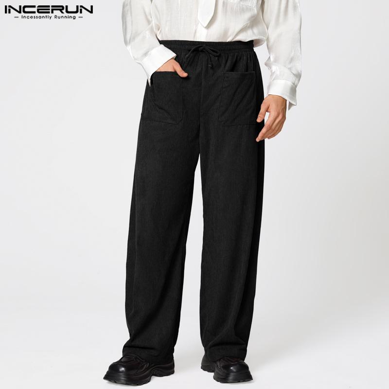 INCERUN Men Drawstring Elastic Waist Texture Pockets Casual Long Pants Trousers