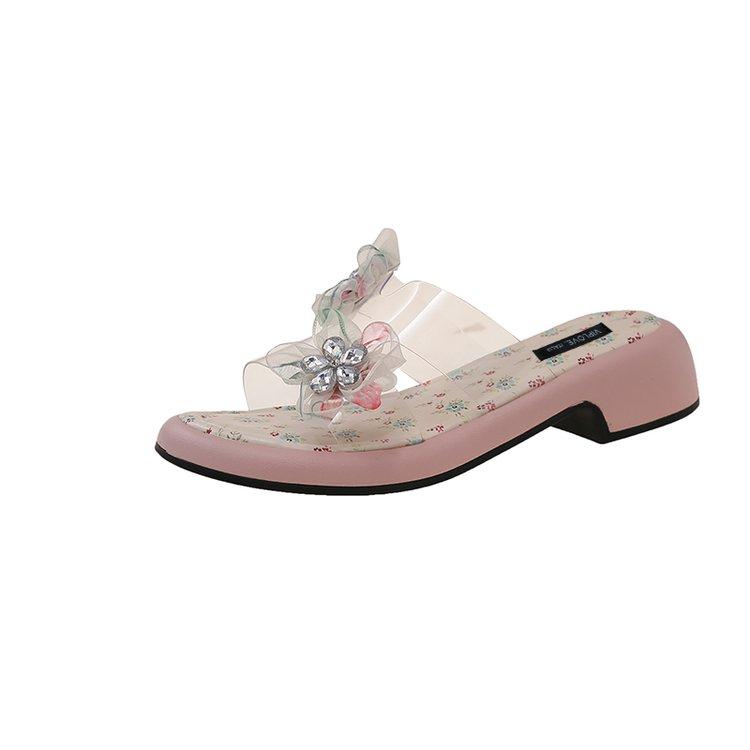 Summer Block Heel Flip Flops Summer New Round Head Sequin Flower Open Toe Soft Bottom Non-Slip Cool Mopping