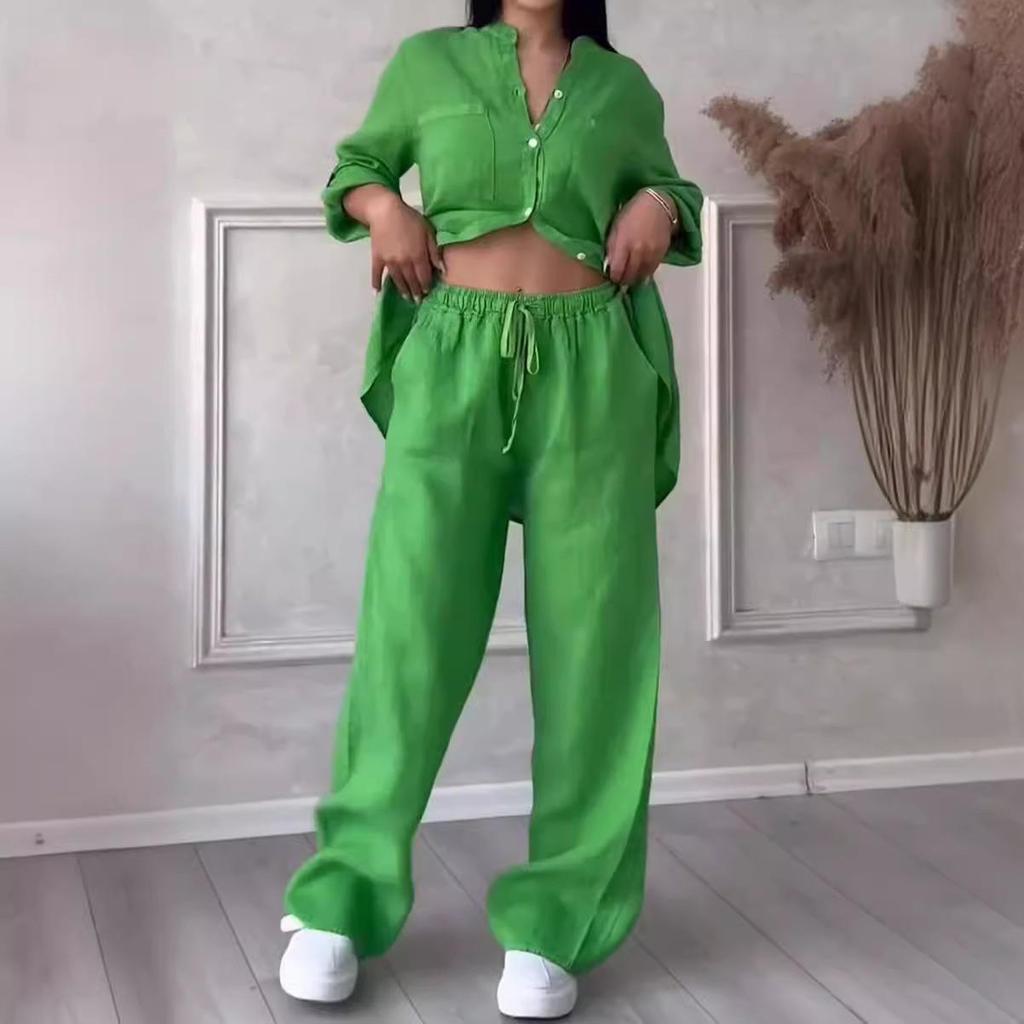 Zestaw damski na lato 2025, casualowy, bawełniano-lniany, luźny top i spodnie z szerokimi nogawkami