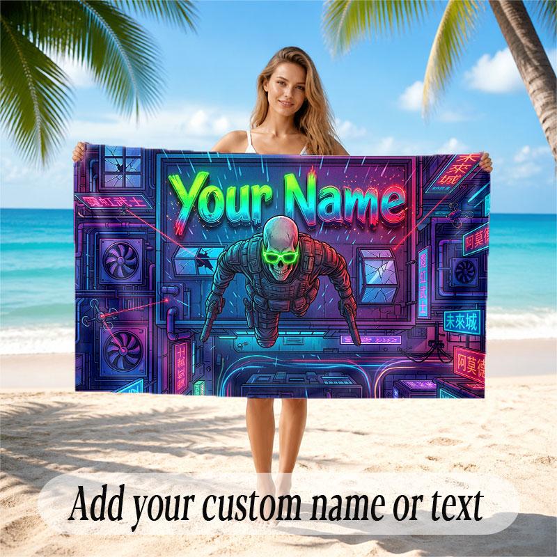 City Cyberpunk Theme Soft Beach Towel Personalized Custom Name Text Towel Portable for Beach Pool Travel