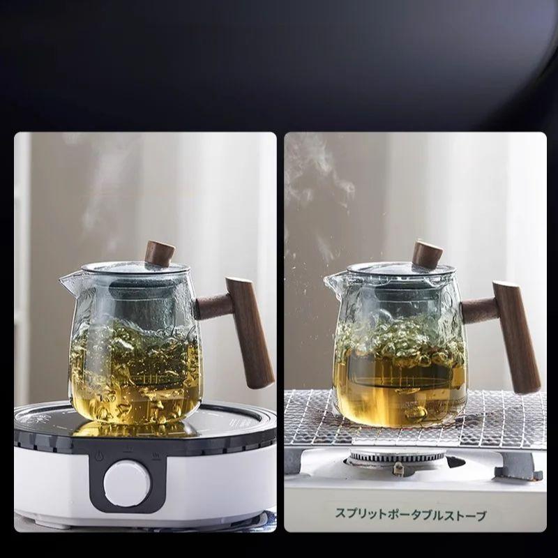 GIANXI Heated Tea Pot Anti-Scald Solid Wood Handle Filter Pots Thickened High Borosilicate Glass Tea Water Separation Teapot
