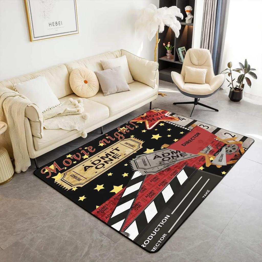 Movie Theater Pattern Indoor Floor Mat Cinema Poster Decor Carpet, for Living Room Bedroom Rugs Old Fashion Home Decor Area Rug