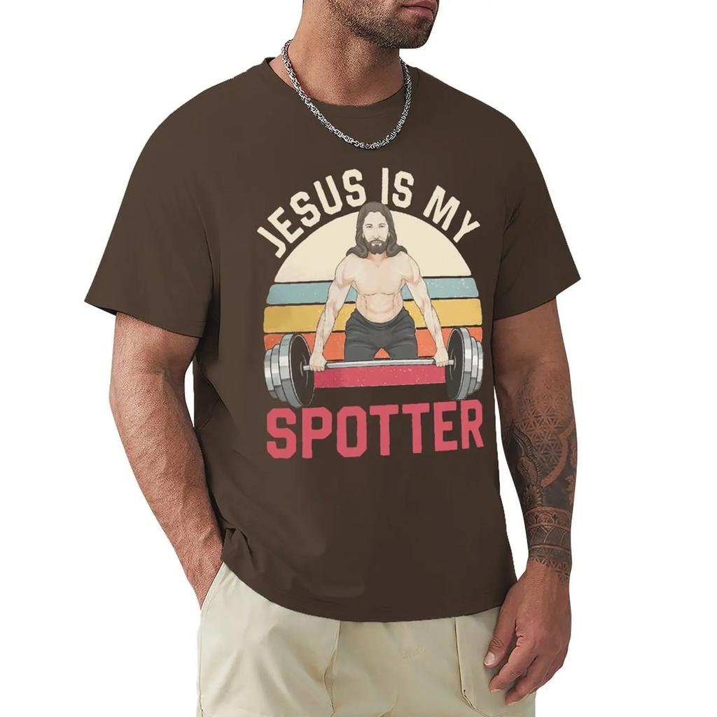 Męska koszulka Jezus jest moim spotterem śmieszna chrześcijańska siłownia podnoszenie ciężarów vintage 100% bawełna koszulka fitness koszulki odzież pomysł na prezent
