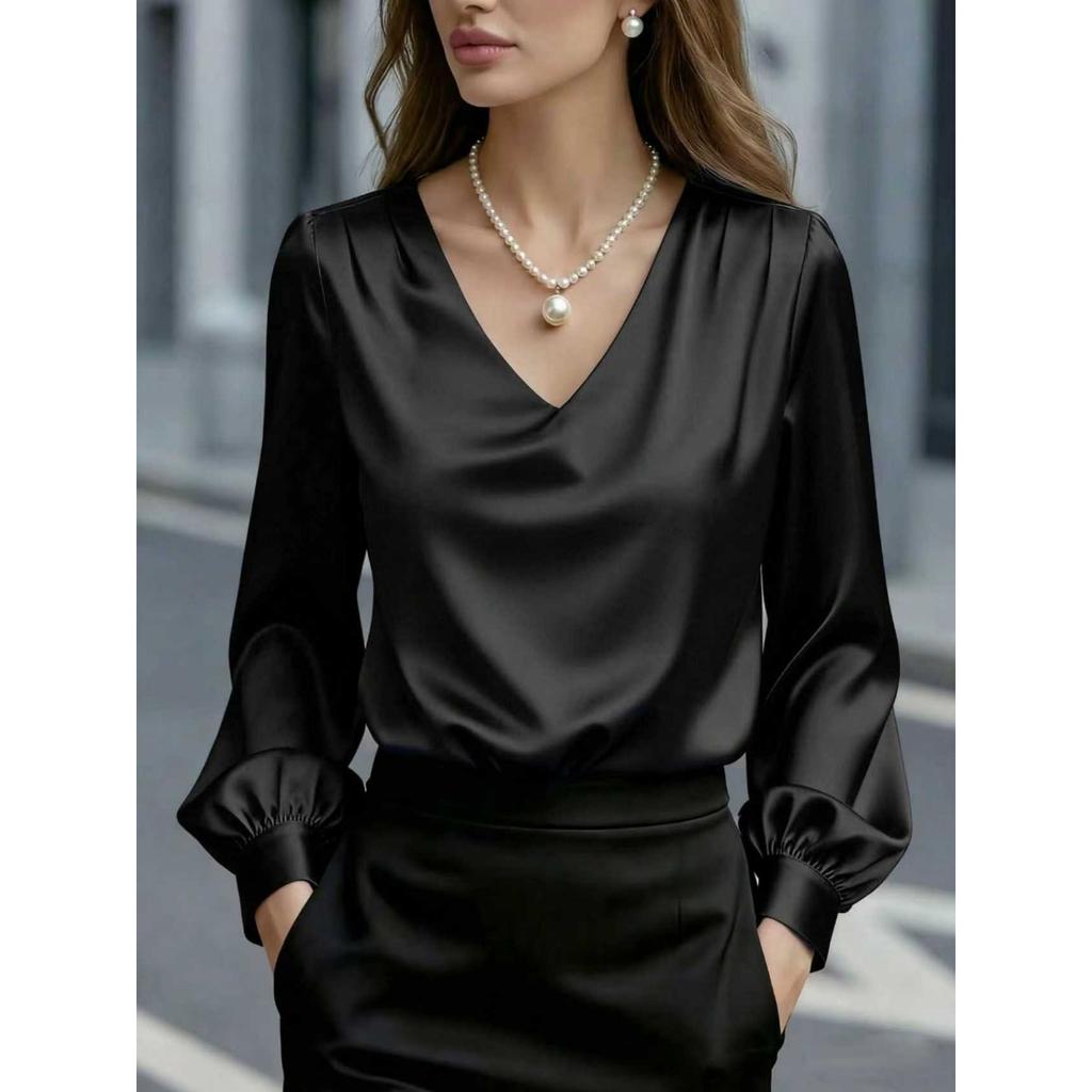 New Women's French Elegant Puff Sleeve V-neck Satin Long Sleeve Blouse