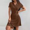 Women Summer Casual Short Sleeve Lapel Solid Color Above Knee One Piece Dress