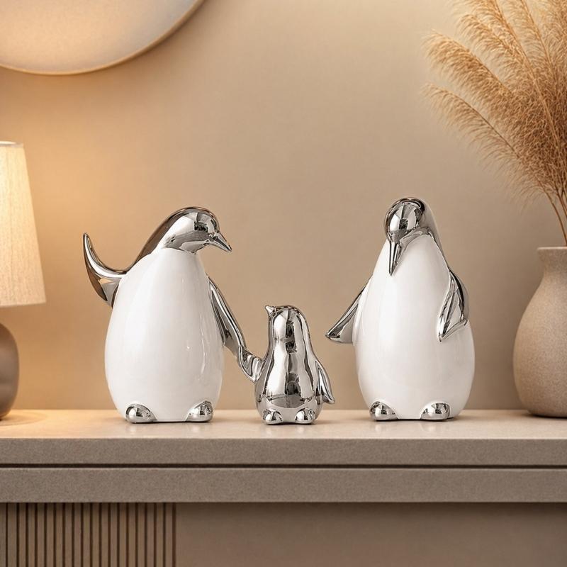 Elegant Ceramic Penguins Family Ornament 3Pcs Animal Sculpture Set Modern Home Office Decors