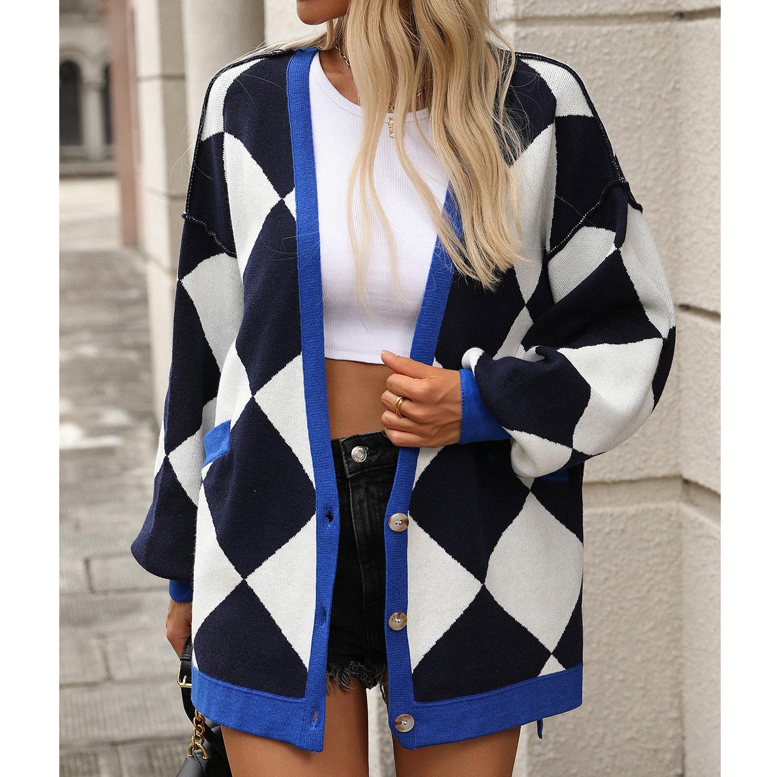 

Жіночий вільний повсякденний в язаний светр з довгими рукавами Модна куртка L Темно-синій