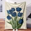A Bouquet of Blue Tulips On Beige Background.-Themed Blanket - Comfortable Flannel Fabric Digital Printing Hypoallergenic Suitable