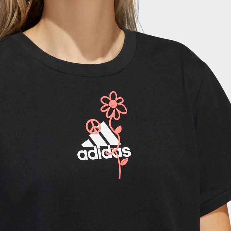 Adidas Floral Cartoon Print Round Neck Pullover Short Sleeve Dress Women Dress Black H57414
