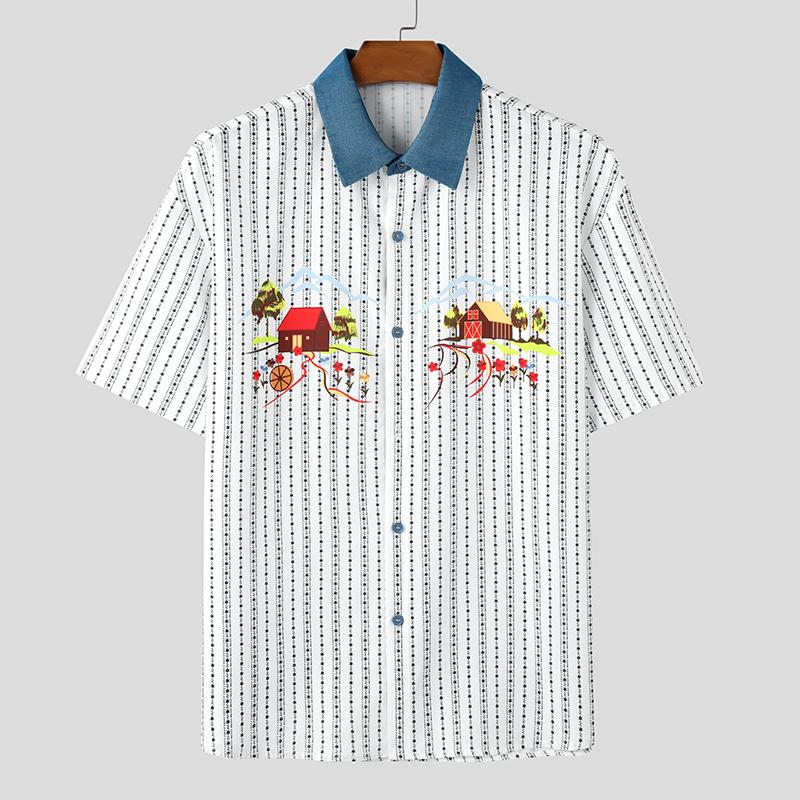 

INCERUN Oversized Men Lapel Neck Short Sleeve Striped Print Patchwork Casual Loose T-Shirts Tops S