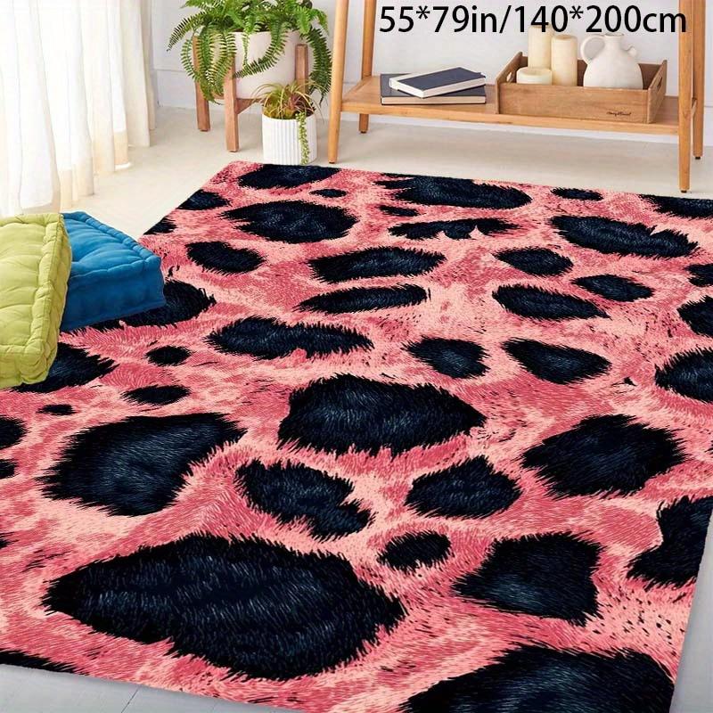 Plush Pink Leopard Print Area Mat Non Slip Backing Machine Washable Soft Velvet Bohemian Style Living Room Bedroom Dining