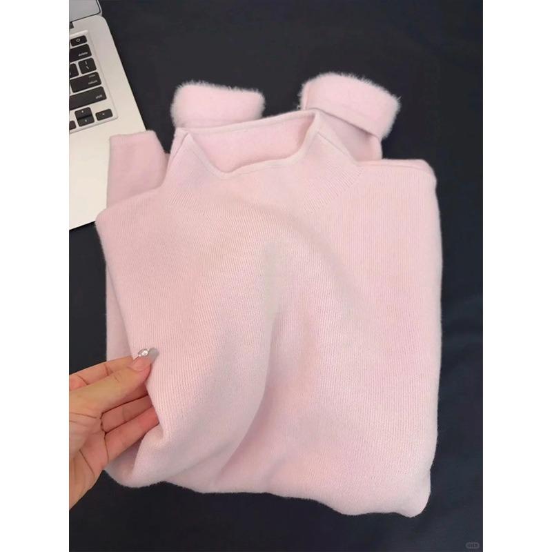 Autumn and Winter Thickened Warm Integrated Fleece Sweater Women's Semi-turtleneck Inner Knitted Bottoming Shirt Simple Versatile Top