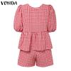 VONDA Damen Sets Kurzarm Schleifenknoten Karomuster Oberteile und Shorts mit elastischer Taille Outfits