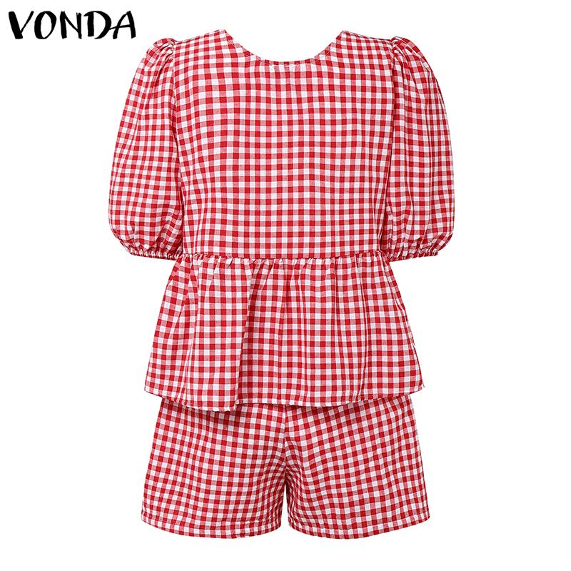 VONDA Damen Sets Kurzarm Schleifenknoten Karomuster Oberteile und Shorts mit elastischer Taille Outfits