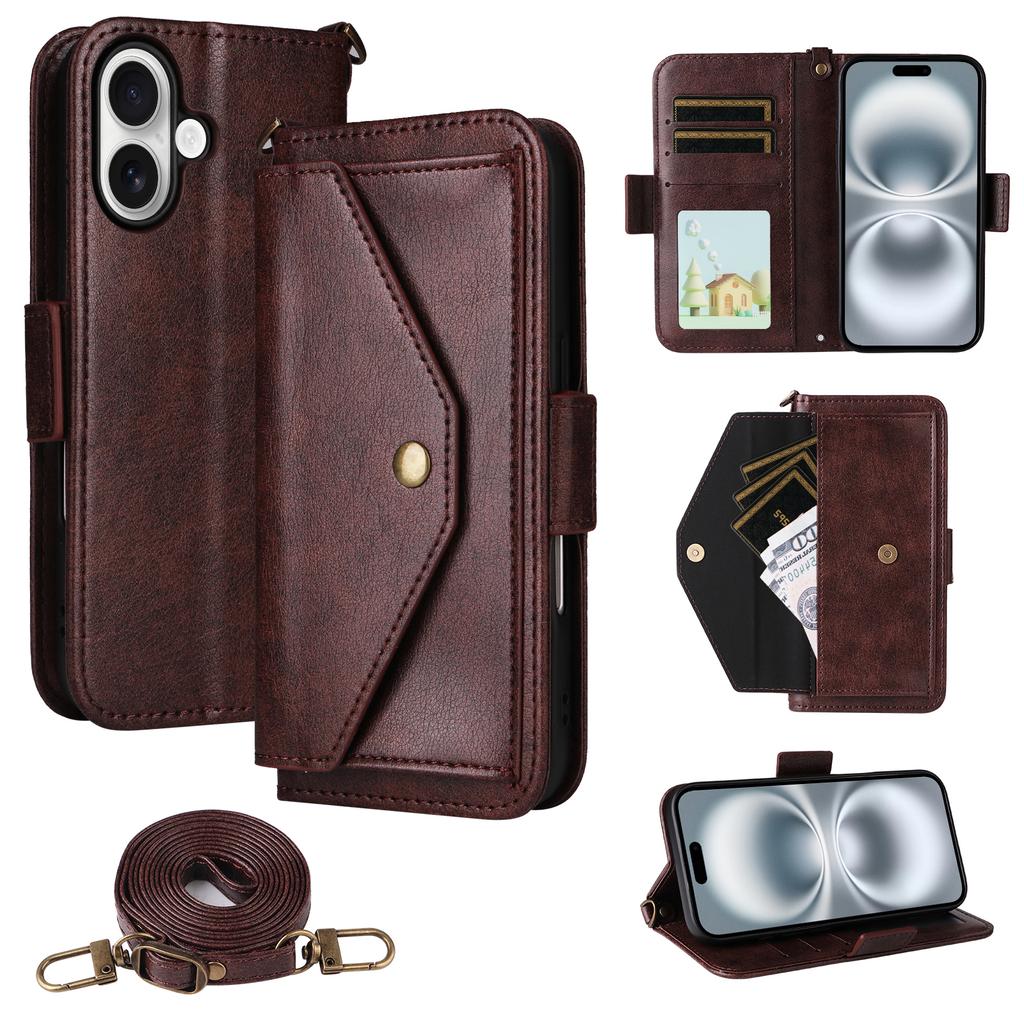 For iPhone 16 Leather Case Magnetic Closure Wallet Stand Phone Cover with Crossbody Strap