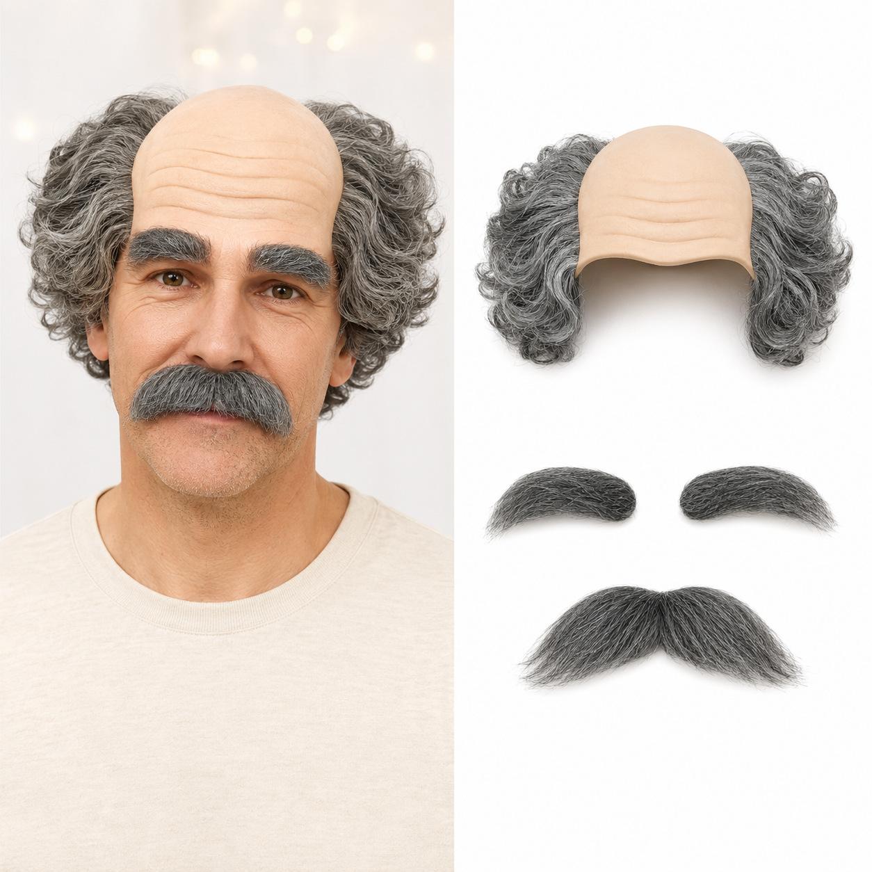 Halloween opa kaal pruik met baard One size fits all adults grijs