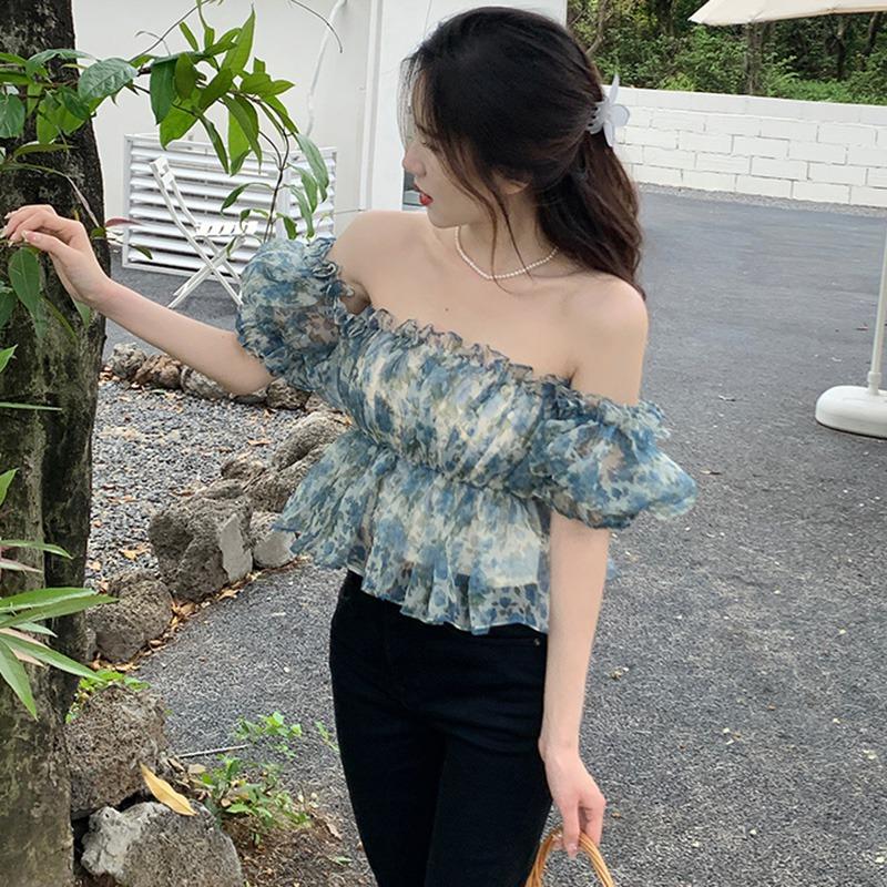 Dámské halenky Letní síťované s květinovým potiskem Houba Jidášovo ucho Strečová košile Pufované krátké rukávy Zkrácený top