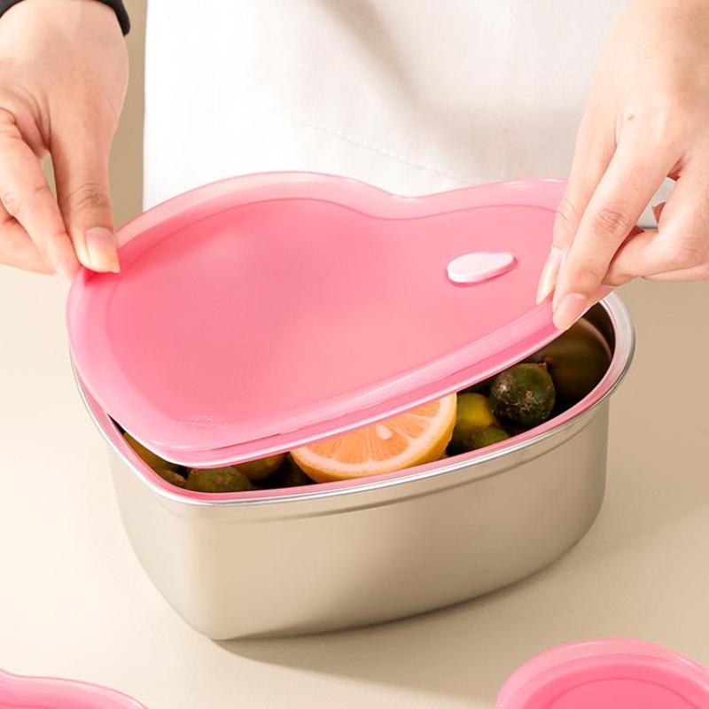 1pc Love-shaped Kitchen Food Organizers With Lids Stainless Steel Storage Box Large Capacity Leakproof Kitchens Accessories