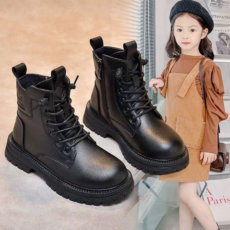 Bambini 1Stivali in pelle nera per ragazze Stivali singoli per ragazze Stivali corti per ragazzi Stivali in velluto e cotone per autunno e inverno Tide