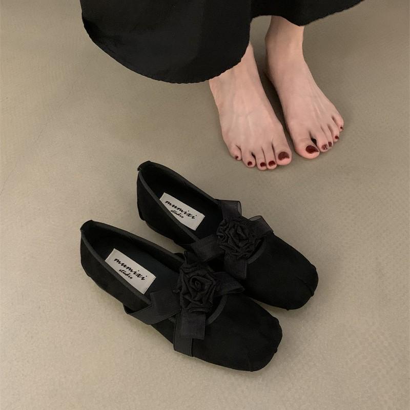 Square Head Sweet Flower Princess Shoes French Flat Bottom Shallow Mouth Single Shoes Fashion Versatile Elastic Band Ballet Shoes Fringe