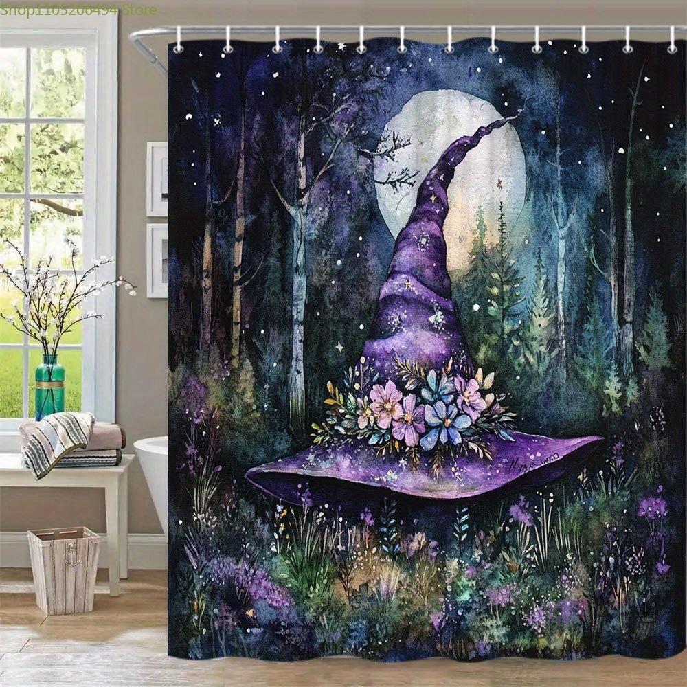 1pc Witch Hat Shower Curtain - Magical Bathroom Decor with Purple Witch Hat, Moonlit Forest, Floral Accents - Extra Long 70x70
