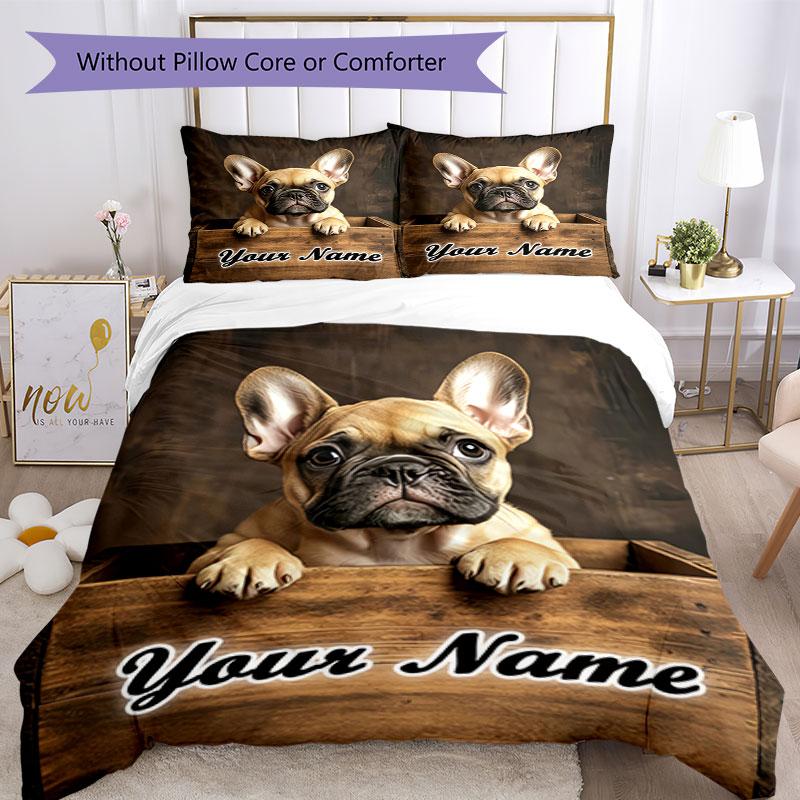 3PC Custom Name French Bulldog Wooden Box Bedding Set Duvet Cover Closure Includes 1 Duvet Cover & 2 Pillowcases for Bedroom