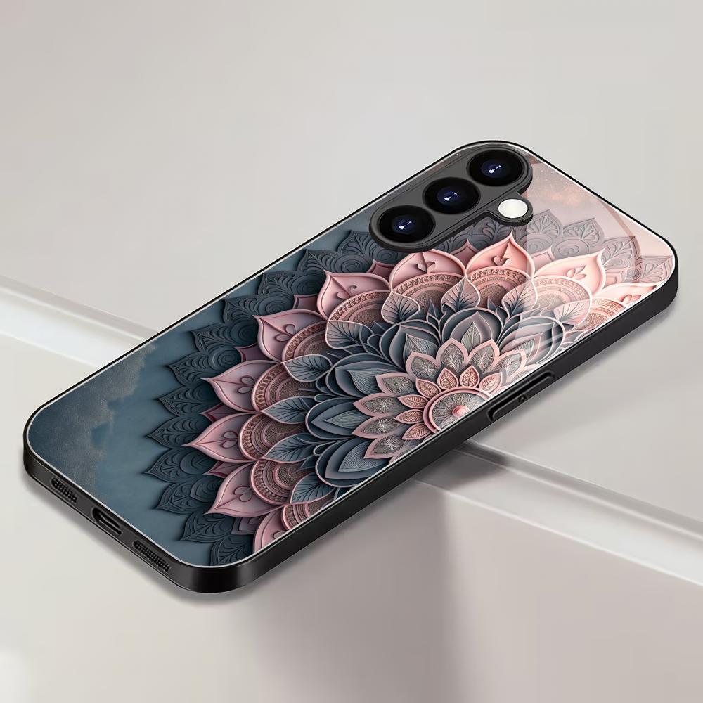 Mandala Flower Tempered Glass Phone Case Suitable for Samsung Galaxy S26 S25 S24 S22 S21 S20 FE/Ultra/Plus Anti Drop Back Cover