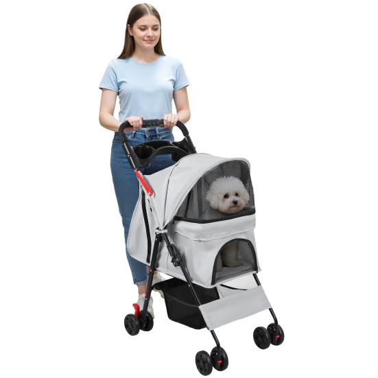 4 Wheels Pet Stroller, Foldable Cat And Dog Stroller with Mesh Windows, Cup Holder, Storage Basket, Breathable Pet Strolling Cart Holds Up To 22lbs