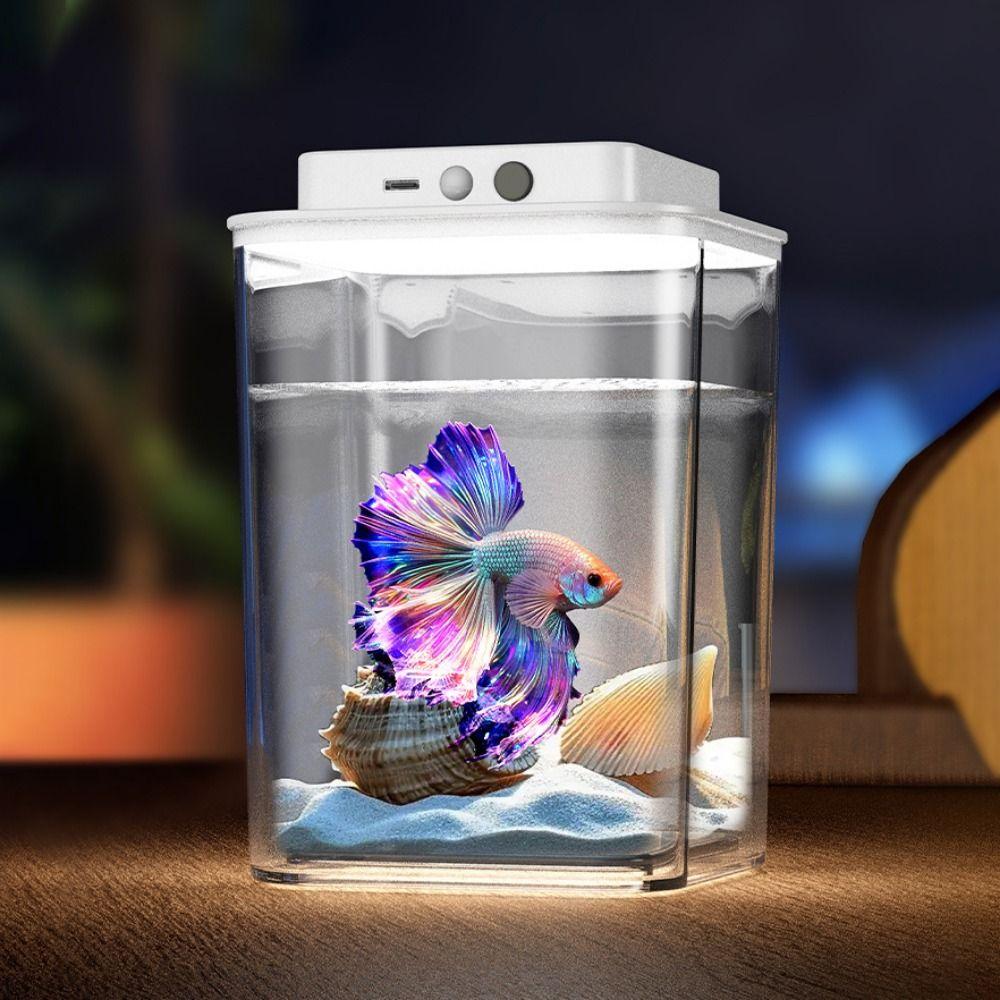 Transparent Betta Fish Tank USB Charging Intelligent Sensing Fish Breeding Tank with Feeding Hole LED Light Figure Display Case