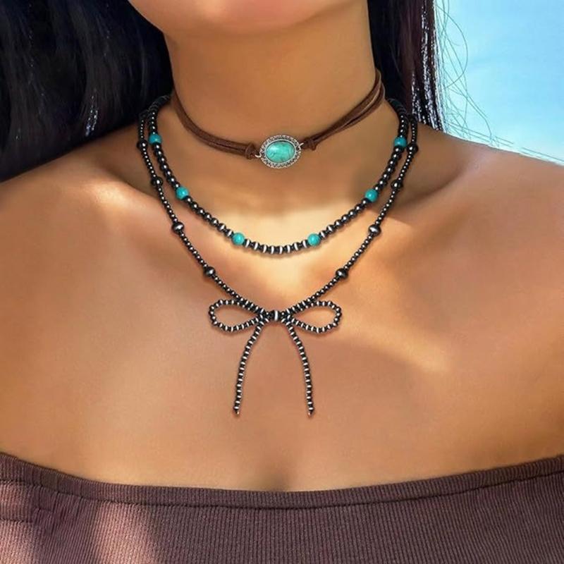 Elegant Bowknot Charm Necklace Adjustable Chain Length Neckchain Turquoise Beaded Choker Accessory for Daily Wear