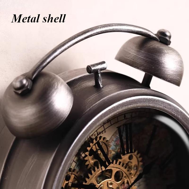 Retro Luxury Table Clocks Gear Mechanical Round Alarm Clock Living Room Silent Desktop Watch Creative Office Desk Ornament
