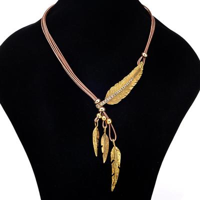 Feather Leaves Diamond Black Leather Rope Multi-Layer Tassel Necklace Ladies Collarbone Chain Sweater Chain