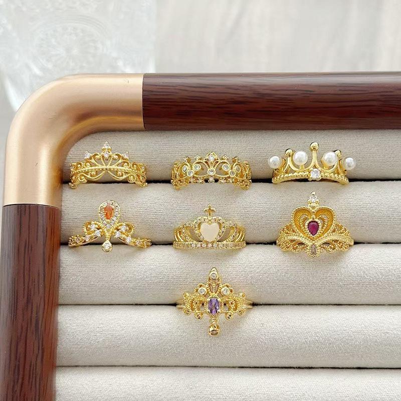 Anel Aberto de Contas de Coroa de Luxo Leve Vintage Medieval Zircônia Requintada Estilo Corte Retrô Francês Anel de Dedo Indicador