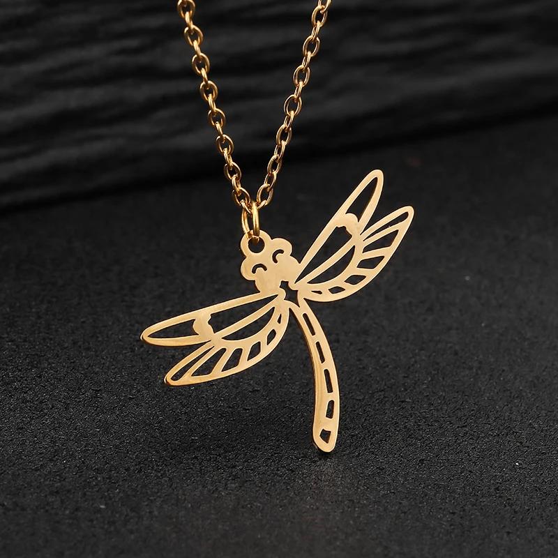 Stainless Steel Necklace For Women Girls Geometric Hollow Animal Dragonfly Pendant Chain Choker Necklaces Party Jewelry Gifts