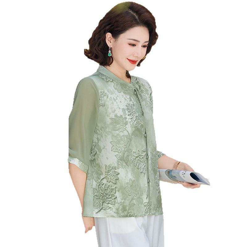 Elegant Chinese Style Summer Shirt for Middle-Aged Women - Printed Stand Collar T-Shirt