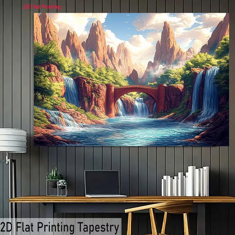 2D Mountain Waterfall Bridge Backdrop, Nature Landscape Photography Background