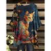 Elegant bohemian vacation style large size simple retro cat pattern print irregular hem crew neck T-shirt
