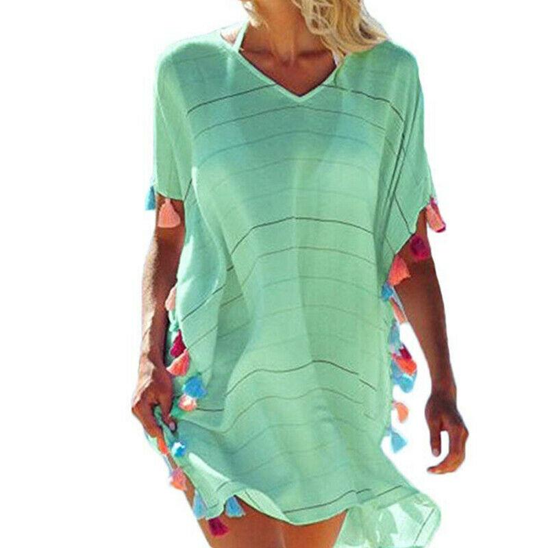 

Women Tassel Dress Summer V Neck Ladies Blouse Shirt Swimming Tops Striped Bikini Cover Up One Size зелёный